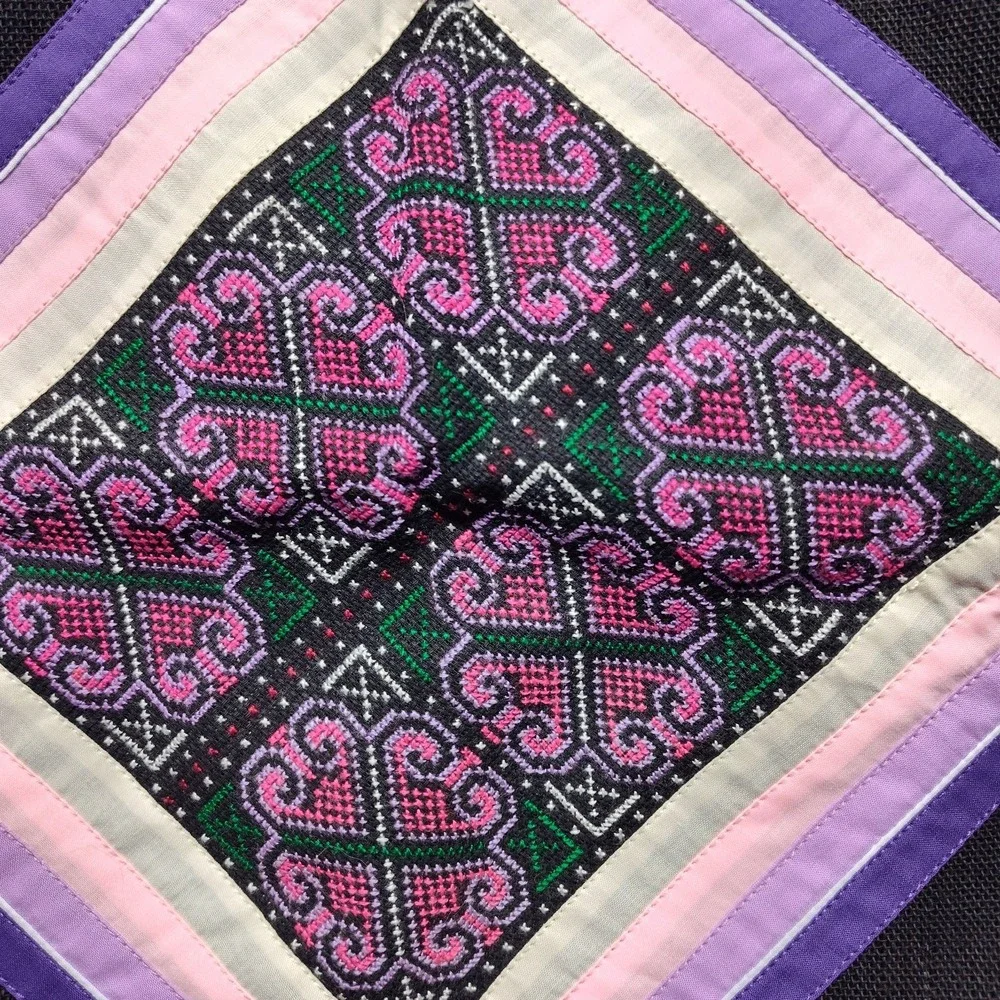 Hmong pillow case cover embroidered purple pink accent artsy geometric FLAWS
